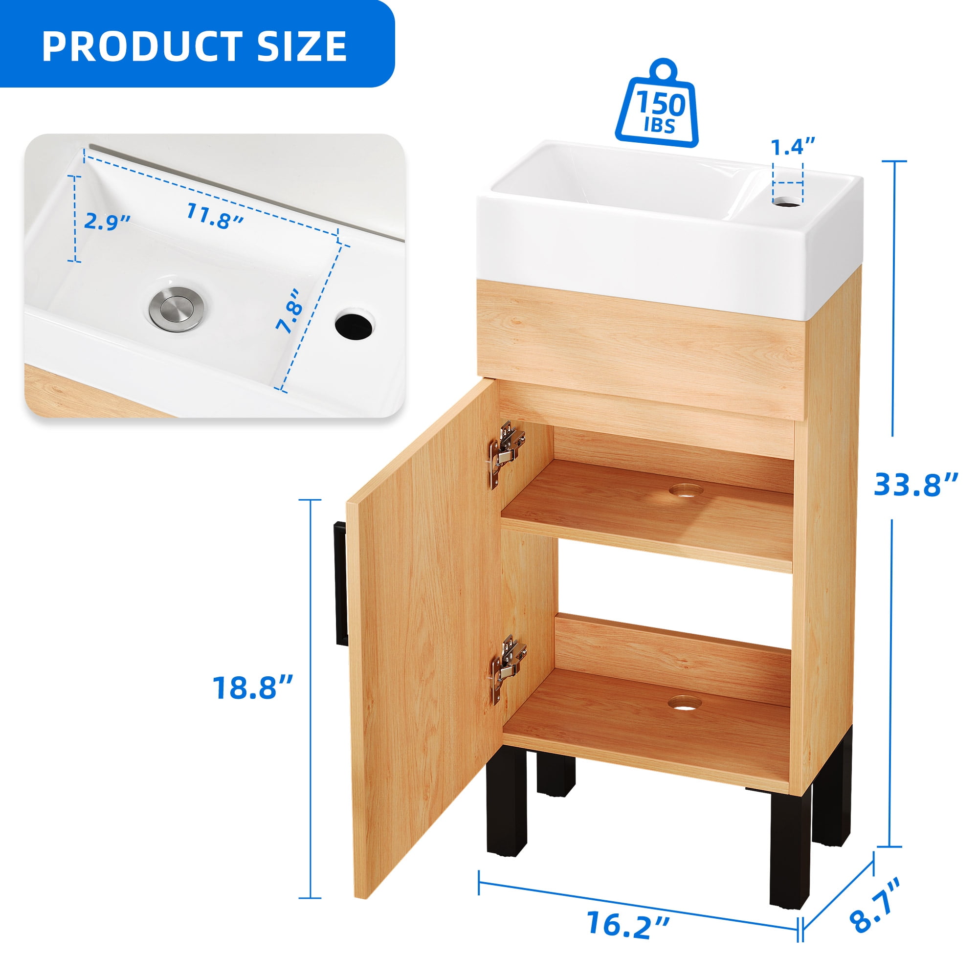 Dextrus 16 Inch Small Bathroom Vanity with Undermount Sink, Free Standing Bathroom Storage Cabinet with Drain, Oak