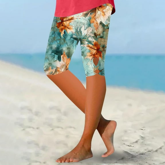LEBONYARD Womens Summer Shorts with Pockets,Women's Summer High Waisted Printing Capris Matching Slim Fitting Yoga Gym Pants Multicolor S