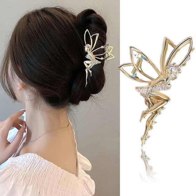 Pinzas para el cabello de metal con diamantes de imitación para niñas - Garras para el cabello de hadas Pasadores con garra dorada Horquillas de cristal para cabello grueso Clips de elfo y tiburón - A