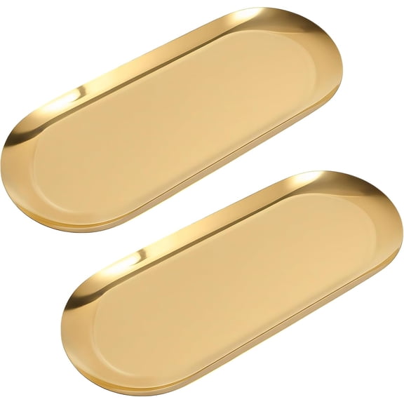 Oval Gold Stainless Steel Tray, 2 Pack, 7 x 3.2 x 0.4 Inch