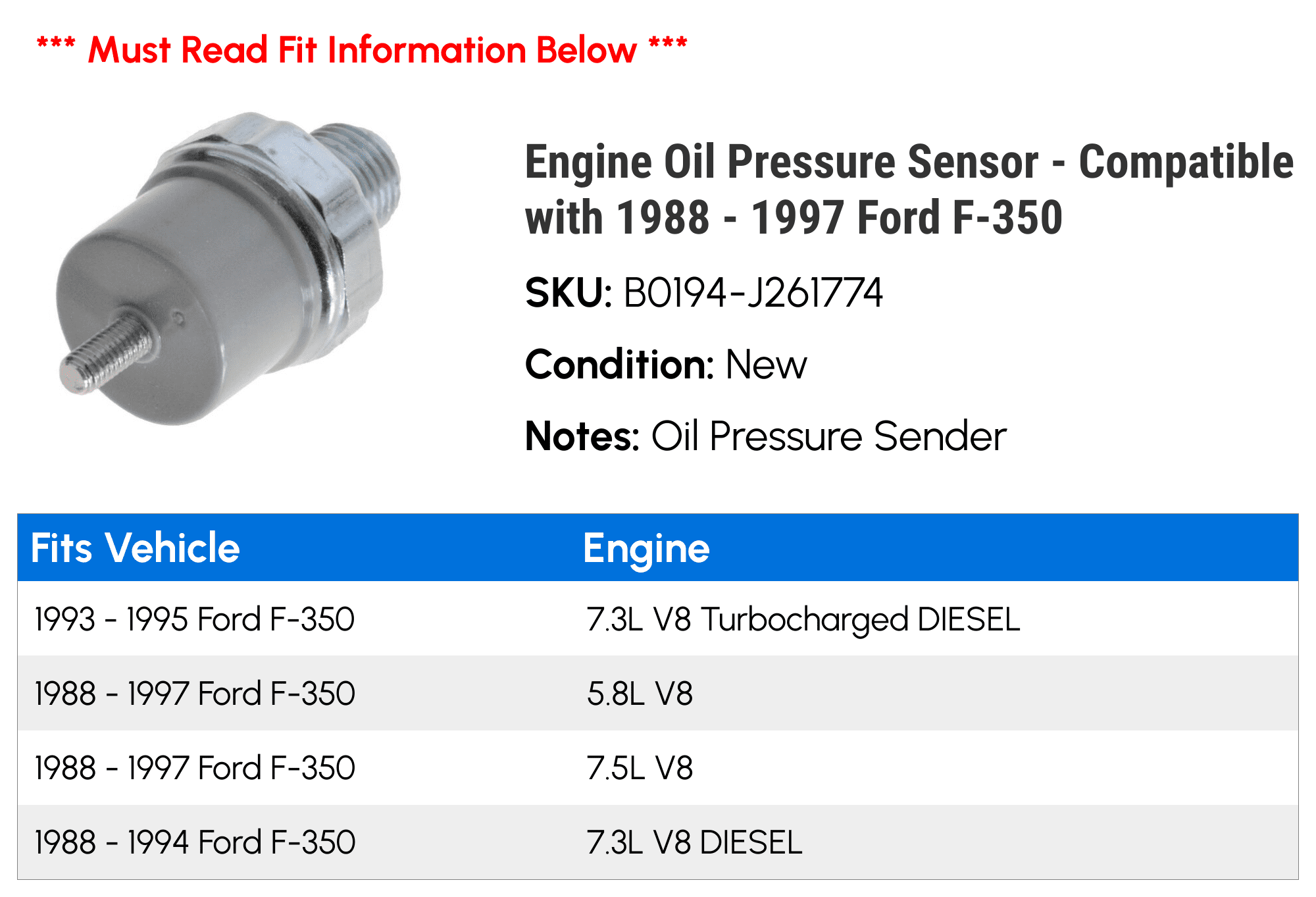 Engine Oil Pressure Sensor - Compatible with 1988 - 1997 Ford F-350 1989 1990 1991 1992 1993 1994 1995 1996