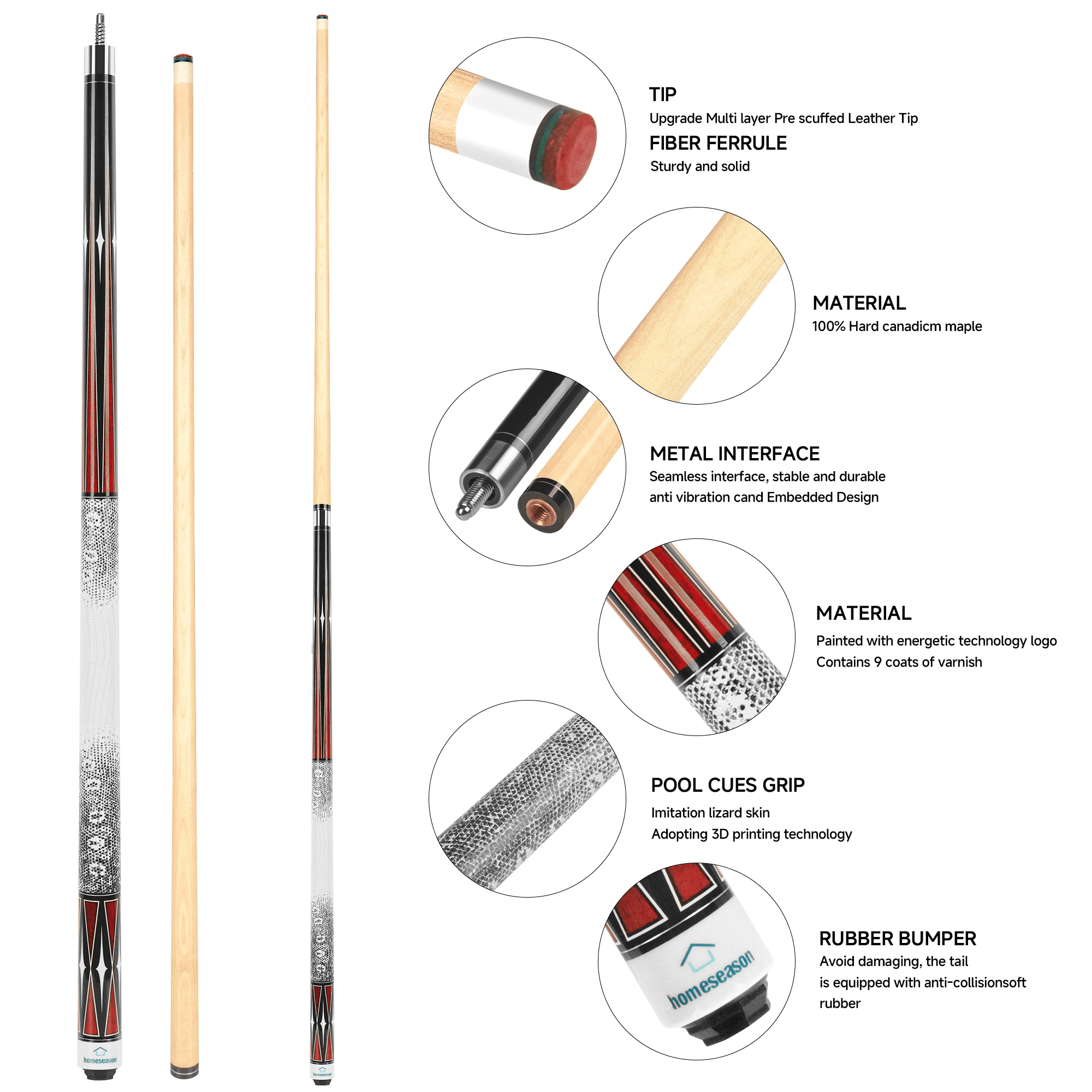 13mm Leather Tip Pool Stick HomeSeason Professional Pool Cue Stick 57 ...