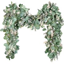 Eucalyptus Garland Spring Decorations, 6.56 Ft Lush Silver Dollar Leaves Boxwood with White Buds Artificial Faux Greenery Vines for Baby Shower Wedding Party Table Runner Room Home Mantle Decor