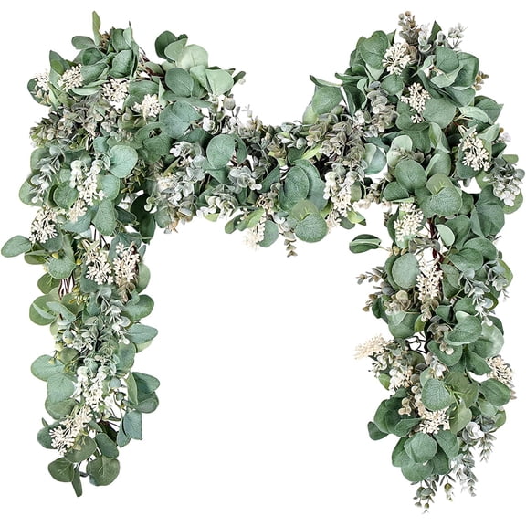 Eucalyptus Garland Spring Decorations, 6.56 Ft Lush Silver Dollar Leaves Boxwood with White Buds Artificial Faux Greenery Vines for Baby Shower Wedding Party Table Runner Room Home Mantle Decor