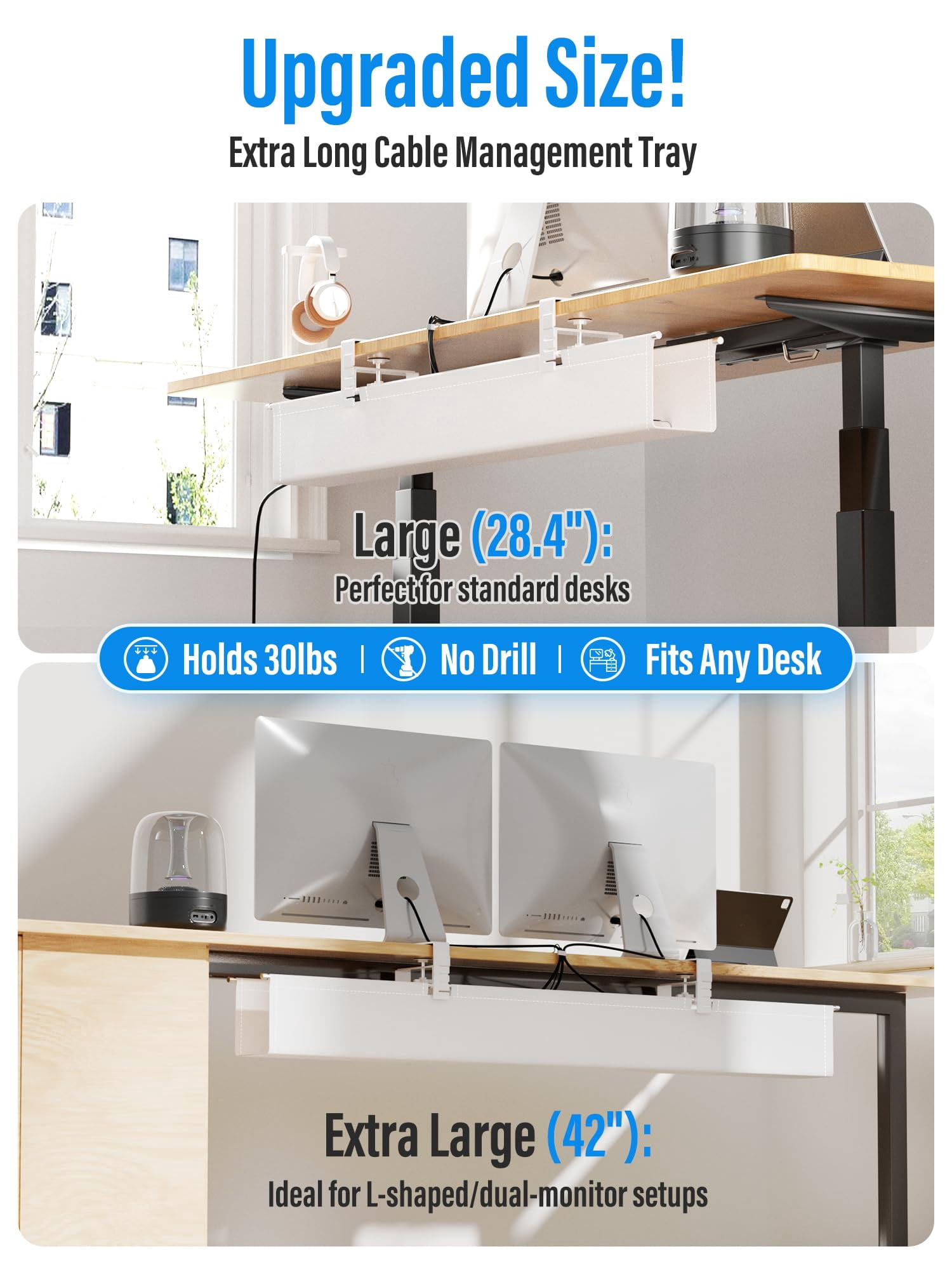 [upgraded] Large Under Desk Cable Management Tray  No Drill 42" Fabric Cord Hider For Wire Organizer Office Home - Supports Up To 30lbs White