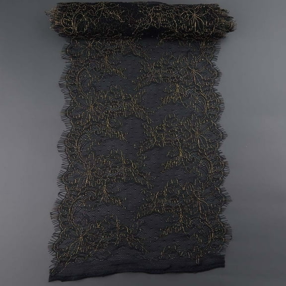 3.3 Yard X 10 Inch Wide Metallic Lace Fabric Black Gold Lace Ribbon Trimming Eyelash Embroidery Sewing Applique Floral Border Roll for Sewing Gift Wrap Bridal Shower Wedding Dress Accessory