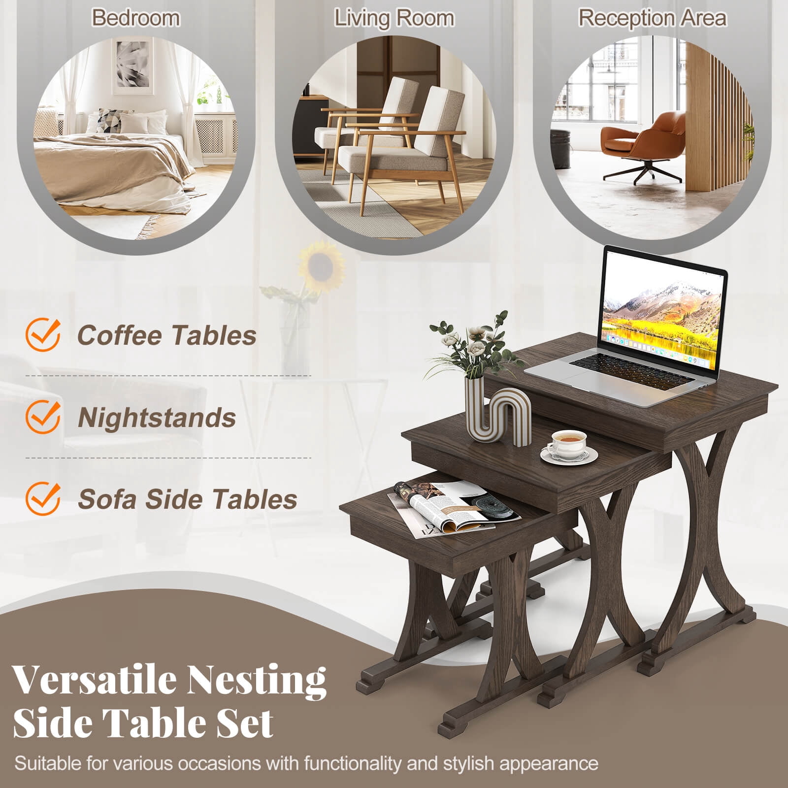 Costway 3PCS Nesting Coffee Table, Side Table with Solid Rubber Wood Legs for Living Room
