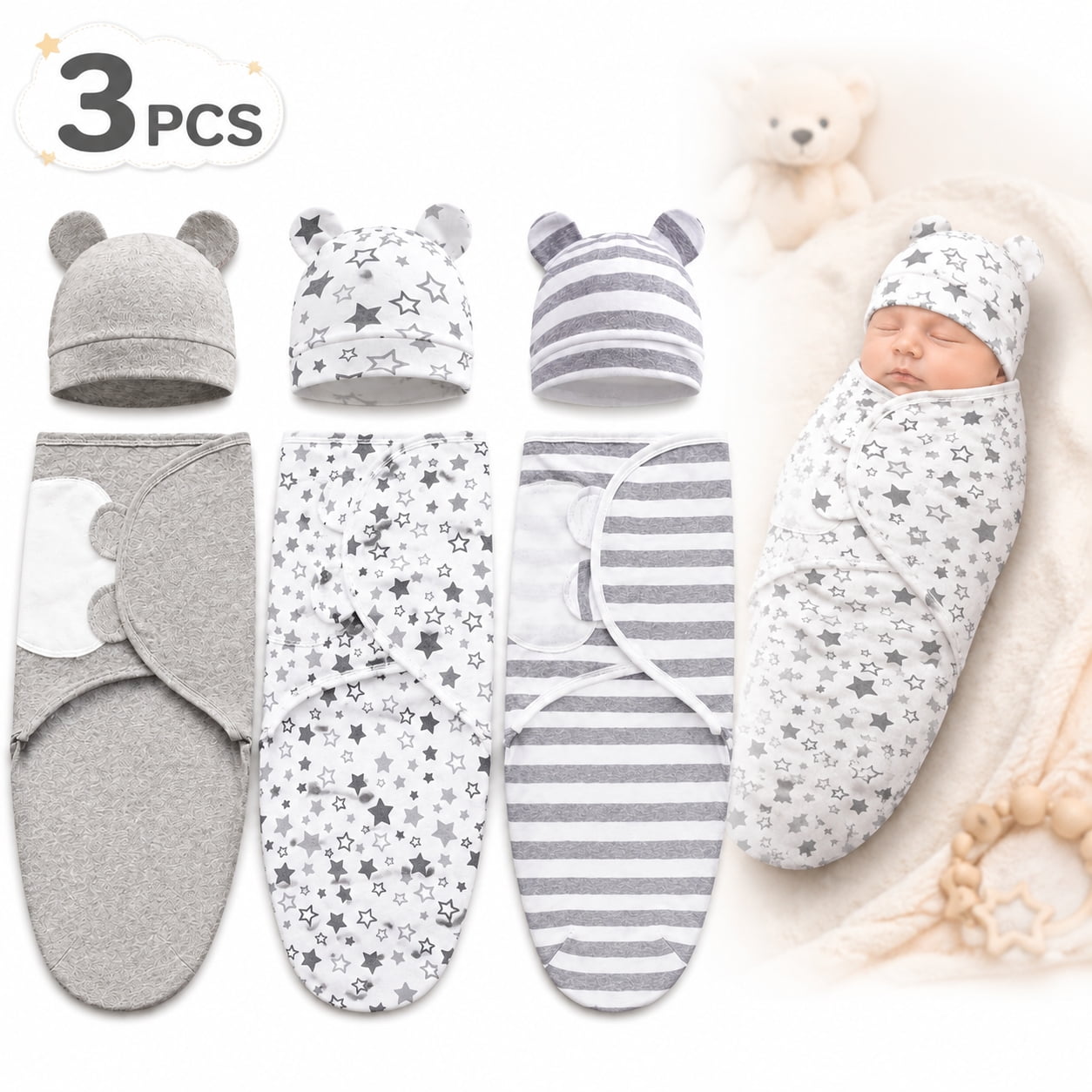 3-Pack Organic Baby Swaddle Sleep Sacks - Newborn Swaddle Sack - Ergonomic Baby Swaddles 0-3 Months (Grey)