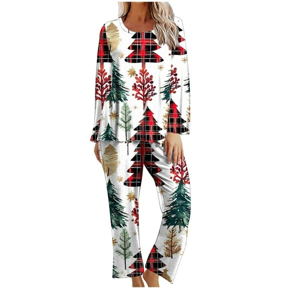 Tnhcen Winter Women's Joyful Christmas 2-Piece Pajamas Set Comfortable Crew Neck Long Sleeves Top Pants Lounge Nighttime Home Clothes S-2XL