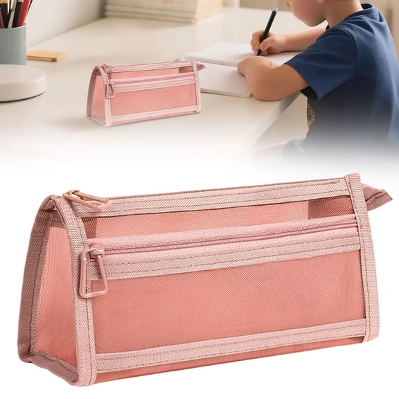 Transparent Mesh Pencil Case, Large Capacity Double Layer Pen Case, Stationery Organizer with Zipper Triangular Standing Pencil Bag