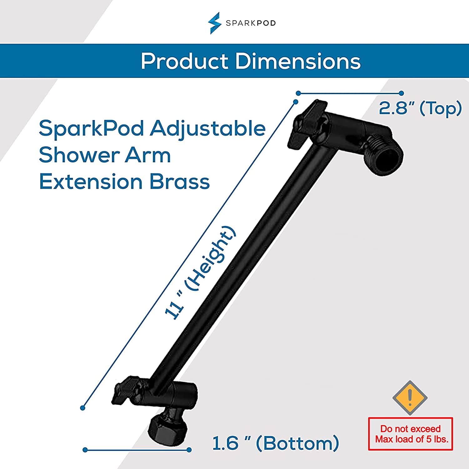SparkPod Adjustable Shower Head Extension Arm - 11" Brass Rain Shower Arm with Universal Fit  (Midnight Black Matte)