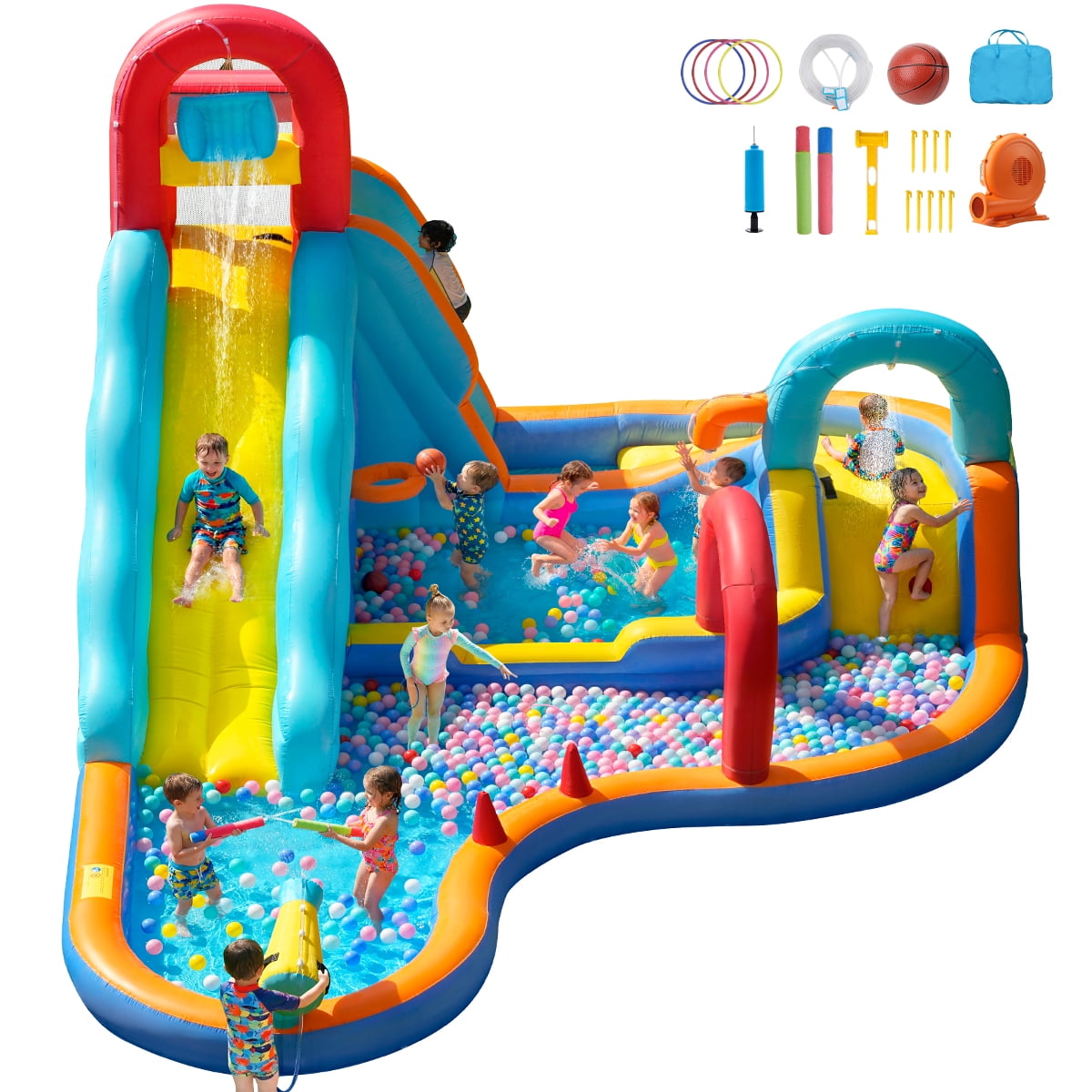Patbrela Inflatable Water Slide Bounce House with Blower, 202x145x100inches, 12-in-1 Water Park with Extra Long Water Slide, Deep Pool, Basketball Hoop, Water Basin, Spray Door, Indoor/Outdoor