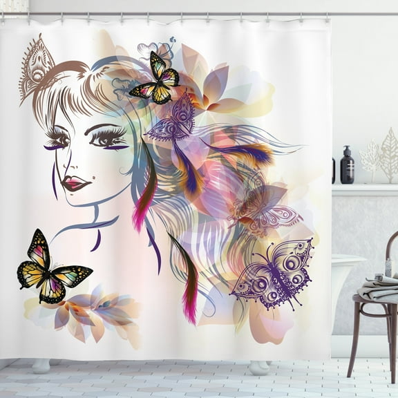 Ambesonne Tale Shower Curtain, Butterflies with Girl, 69"Wx70"L, Multicolor