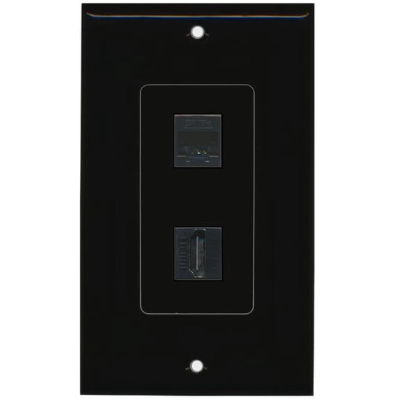 RiteAV Decorative 1 Gang Wall Plate (Black/Black) 2 Port - Cat5e (Black) HDMI (Black) - Bracket Included
