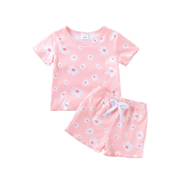 Faithtur Bambin Fille 2 Pièces Ensemble, Col Rond Manches Courtes Daisy Print Tops + Taille Élastique Shorts Bébé Vêtements d'Été Tenues