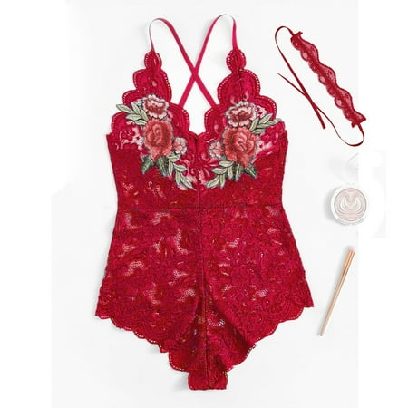 

nsendm Bodysuit Lace Women V-neck Lingerie With Collar Embroidery Teddy Jumpsuit Bunny Outfit Underwear Red Medium