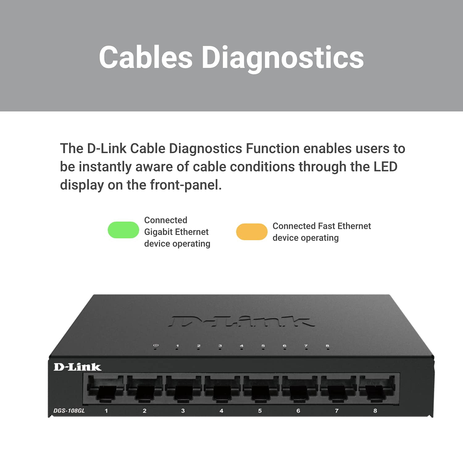 D-Link 8 Port Gigabit Ethernet Unmanaged Switch Plug and Play Metal Fanless Design (DGS-108GL)