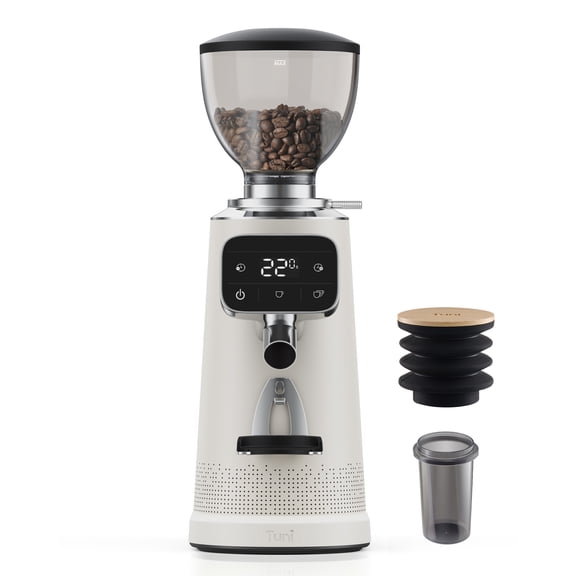Tuni G3 64mm Flat Burr Coffee Grinder, 100 Grind Settings Electric Espresso Grinder with Single Dose Set | Commercial Grade Precision, Touchscreen | Anti-Static Tech | Stainless Steel (Ivory)