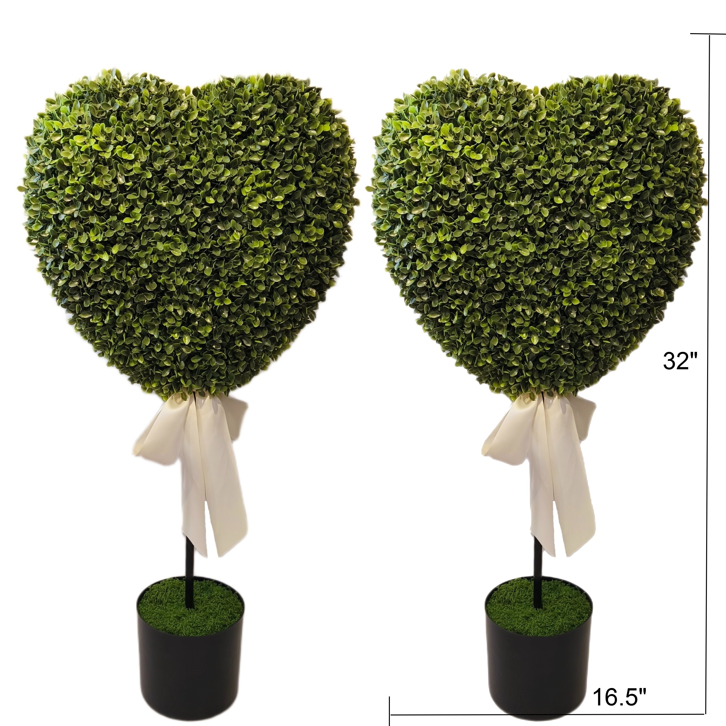 Boxwood Heart with Bow Topiaries, Green and White, 32", 2 Count, Valentine's Day by My Texas House