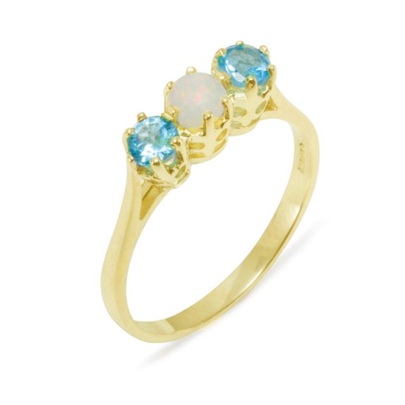 LBG British Made 9k Yellow Gold Natural Opal & Blue Topaz Womens Anniversary Ring - 33 size options - Size 10