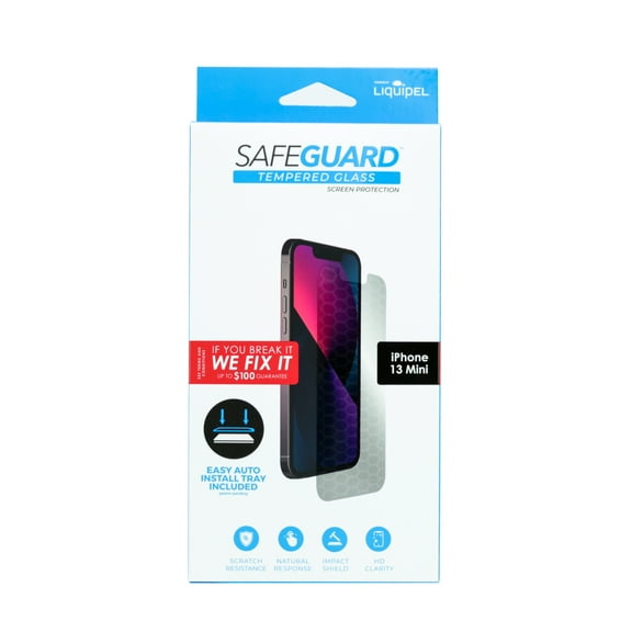 Liquipel Safeguard Tempered Glass Screen Protector for iPhone 14 Mini, and iPhone 13 Mini. Comes with Application Tray and Screen Repair Guarantee Clear