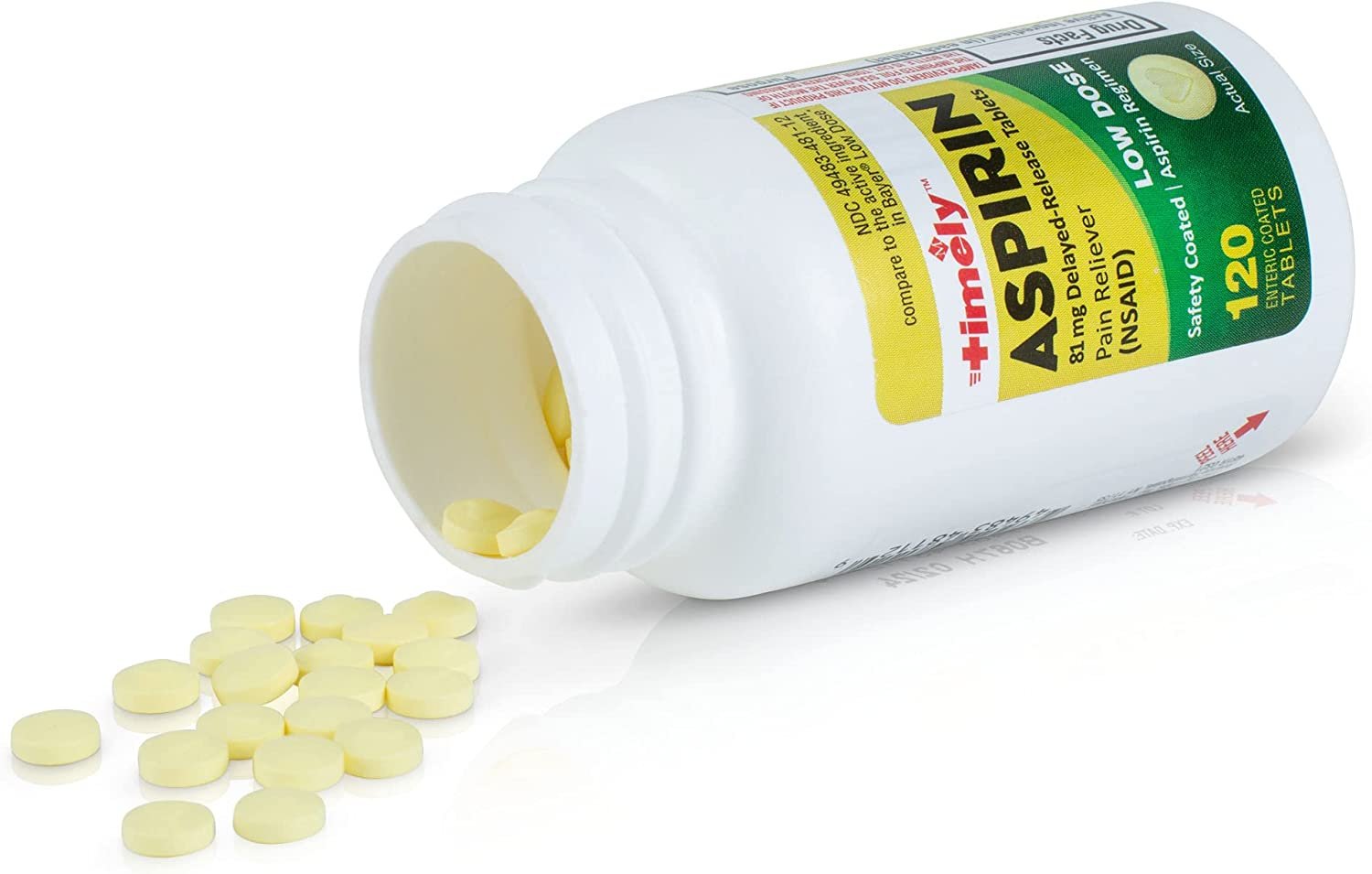 Timely by Time Cap Labs- 120 Count Low Dose Aspirin 81mg for Adults - Compared to Bayers - Enteric Coated Low Strength Aspirin Tablets - Pain Reliever for Minor Aches and Pains - Made in USA