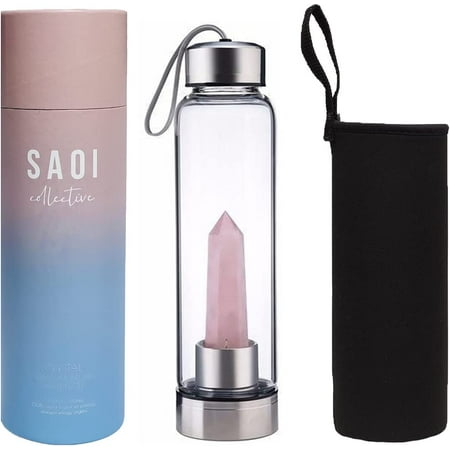 

Crystal Water Bottle - Rose Quartz Gemstone Infused - Natural Wellness - Glass/Stainless Steel