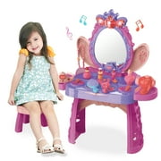 Carsky Kids Makeup Vanity Set With Mirror And Stool, Toddler Vanity Table With Lights And Sounds,Dress Up Pretend Play Toy For Girls Age 3-8