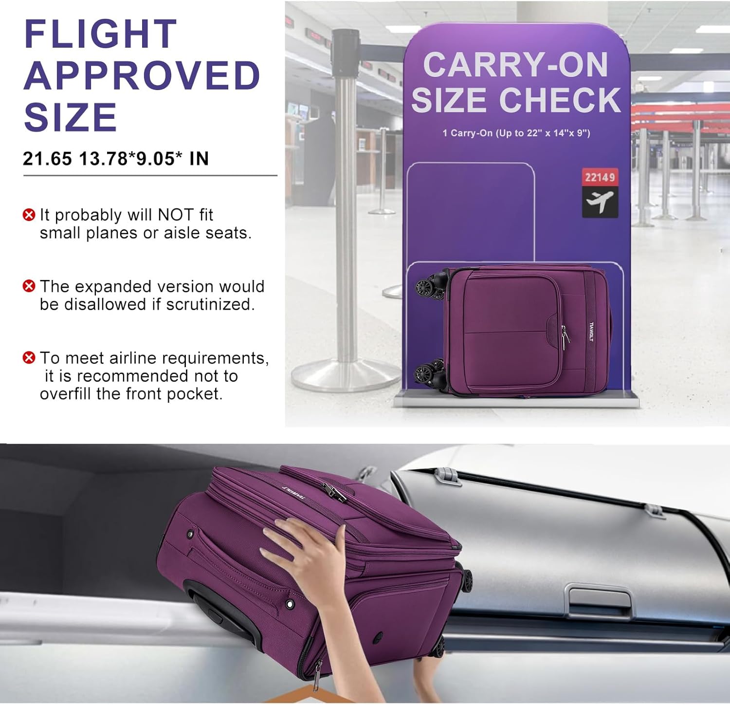 TIAWOLT Carry on Suitcase 22x14x9 Airline Approved,20 inch Lightweight Suitcases with 360° silent swivel wheels, TSA Lock and Compartment, Large Capacity travel Suitcase-Purple