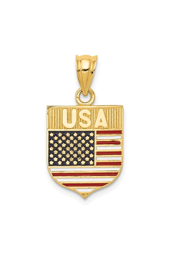 Real 14kt Yellow Gold USA Flag Enameled Pendant; for Adults and Teens; for Women and Men