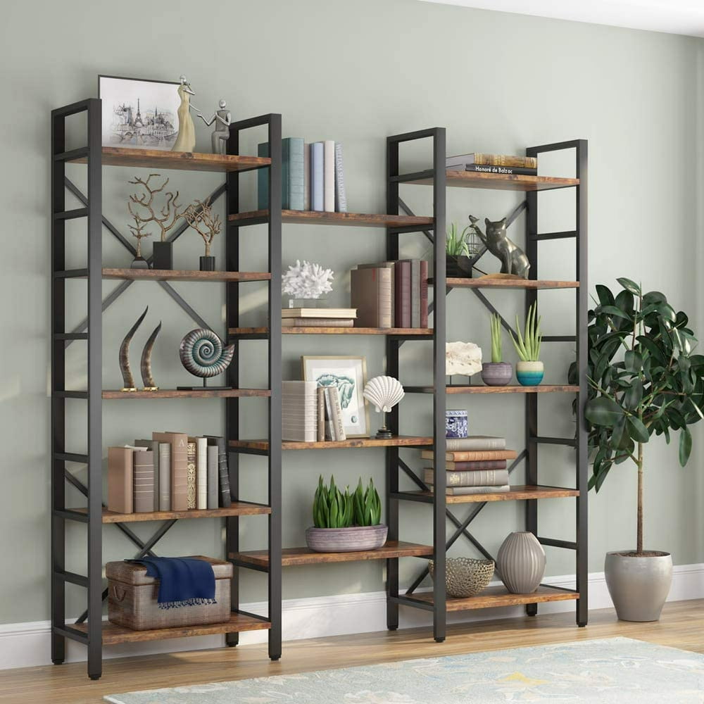 Triple Wide 5Shelf Bookcase, Etagere Large Open Bookshelf Vintage