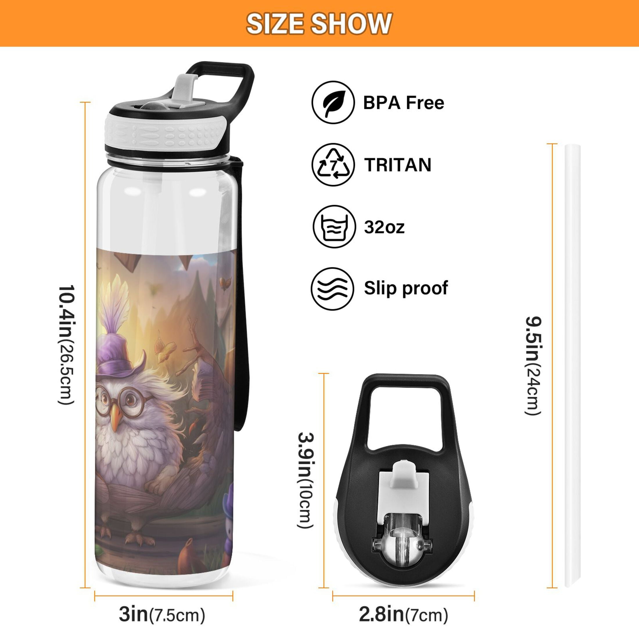 Bird Hat Glasses Dolls Sports Water Bottle Portable Travel Mug 32oz BPA Free Leak Proof Straw Transparent Tritan for Gym Yoga Cycling Camping