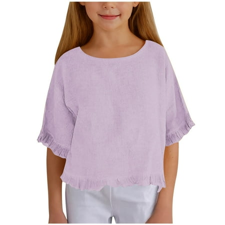 Lenpel Girls Cotton Linen Tops Ruffle Half Sleeve Crew Neck Solid Color Loose Tee Shirts Summer Casual Blouses