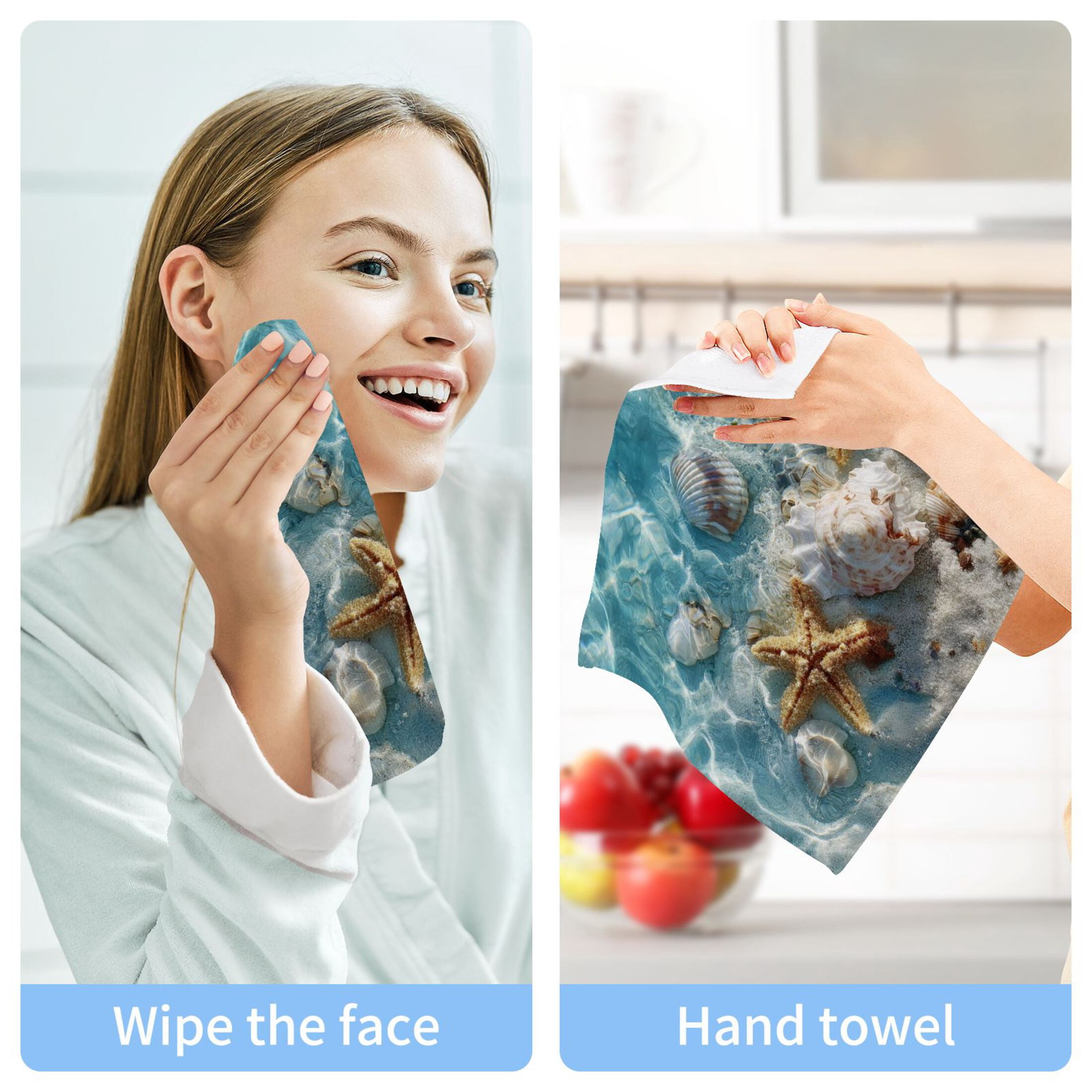 Starfish Seashell on Beach 100% Cotton Face Towel 12x12in Soft Absorbent Washcloth Durable Printed Hand Towels for Bathroom Travel 6 Pcs