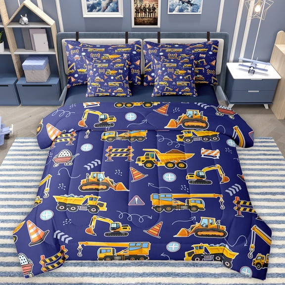 Homewish Excavator Theme 7-Piece Twin Bedding Sets,Construction Vehicles Bedding Comforter Set,Blue Deepblue Sheet Sets For Boys Kids,Ultra Soft Home Decor Reversible