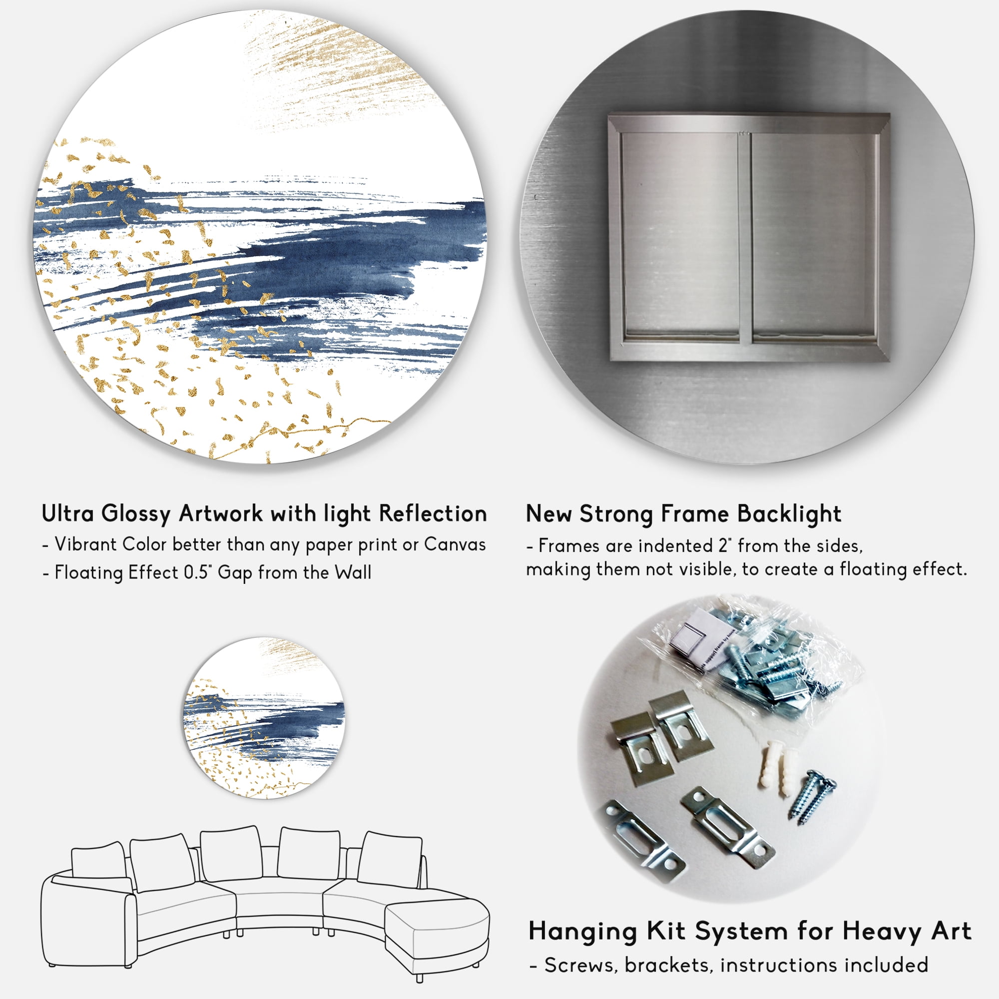 Designart 'Gold and Dark Blue and Abstract I' Modern Circle Metal Wall Art 23x23 - Disc of 23