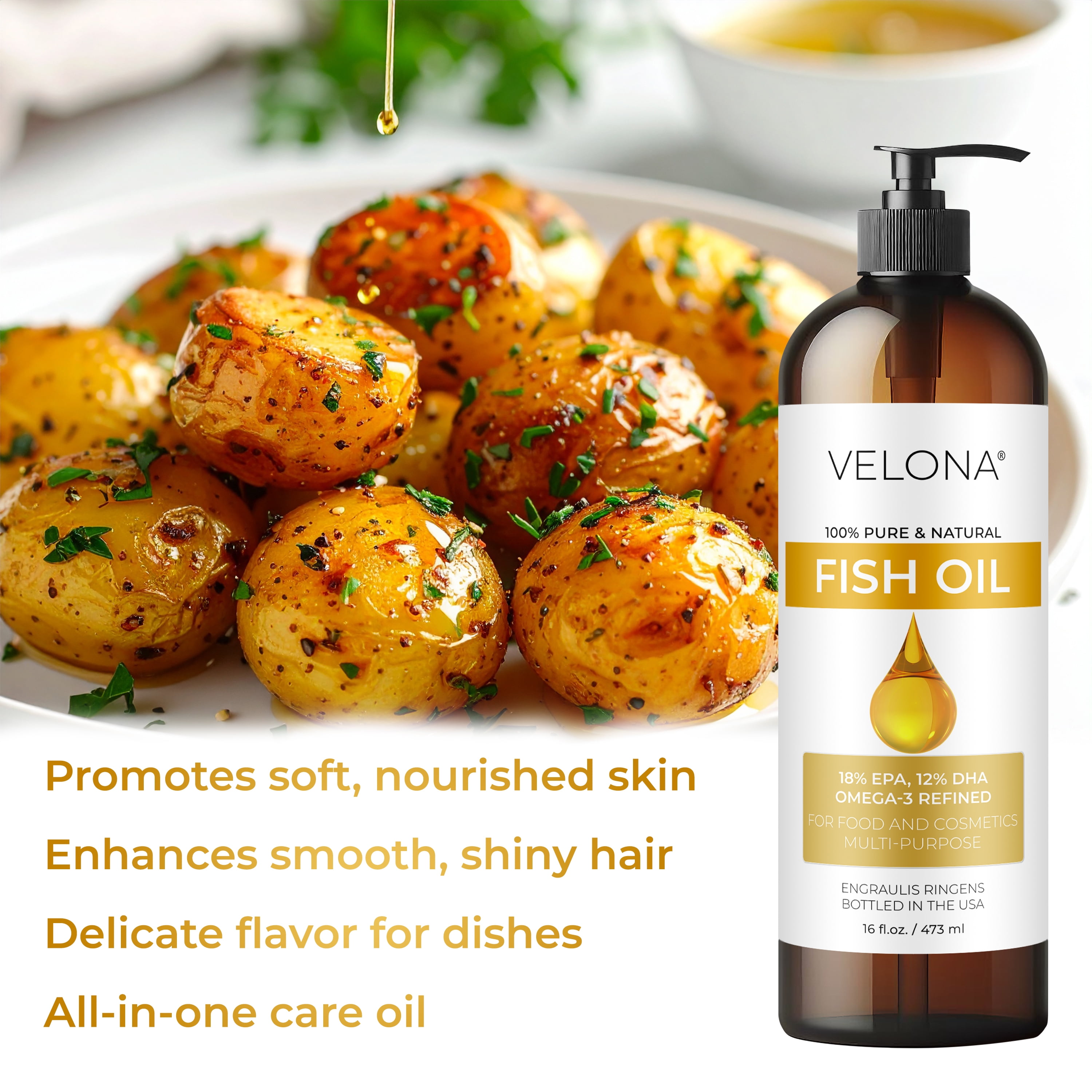 Fish Omega-3 Oil by Velona - 32 oz | 100% Pure and Natural Carrier Oil | Refined, Cold pressed | Vitamin E, D, Omega-3 | Cooking, Skin, Face, Body, Hair Care | Use Today - Enjoy Results