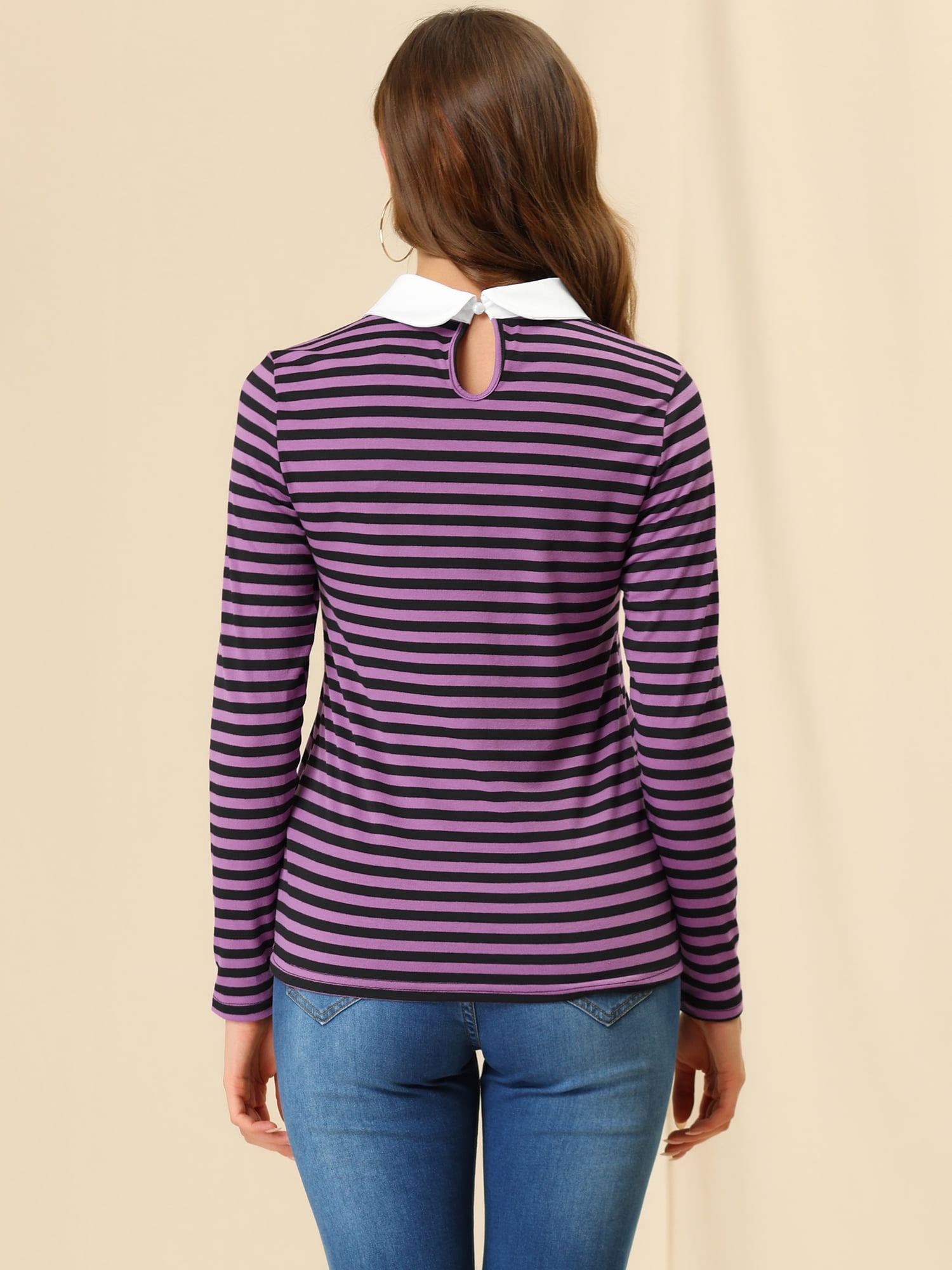 Unique Bargains Women's Long Sleeve Peter Pan Collar Long Sleeve Striped Top M Purple Black