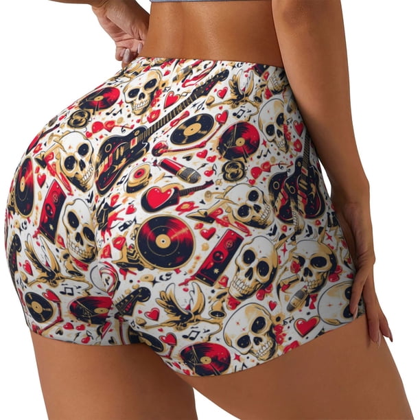 Fotbe Guitar Skull rock Shorts Sin Costuras – Shorts Deportivos de Cintura Alta para Mujer, Elásticos para Gimnasio, Yoga, Running o Ciclismo-Large