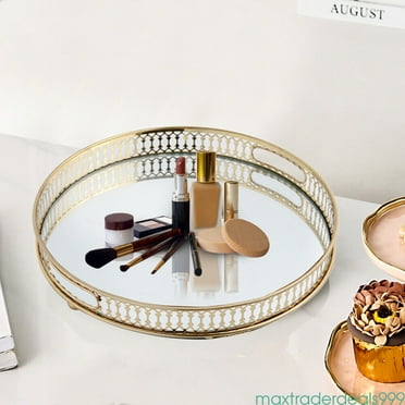12.7" Decorative tray Round metal vintage storage compartment mirror tray Gold