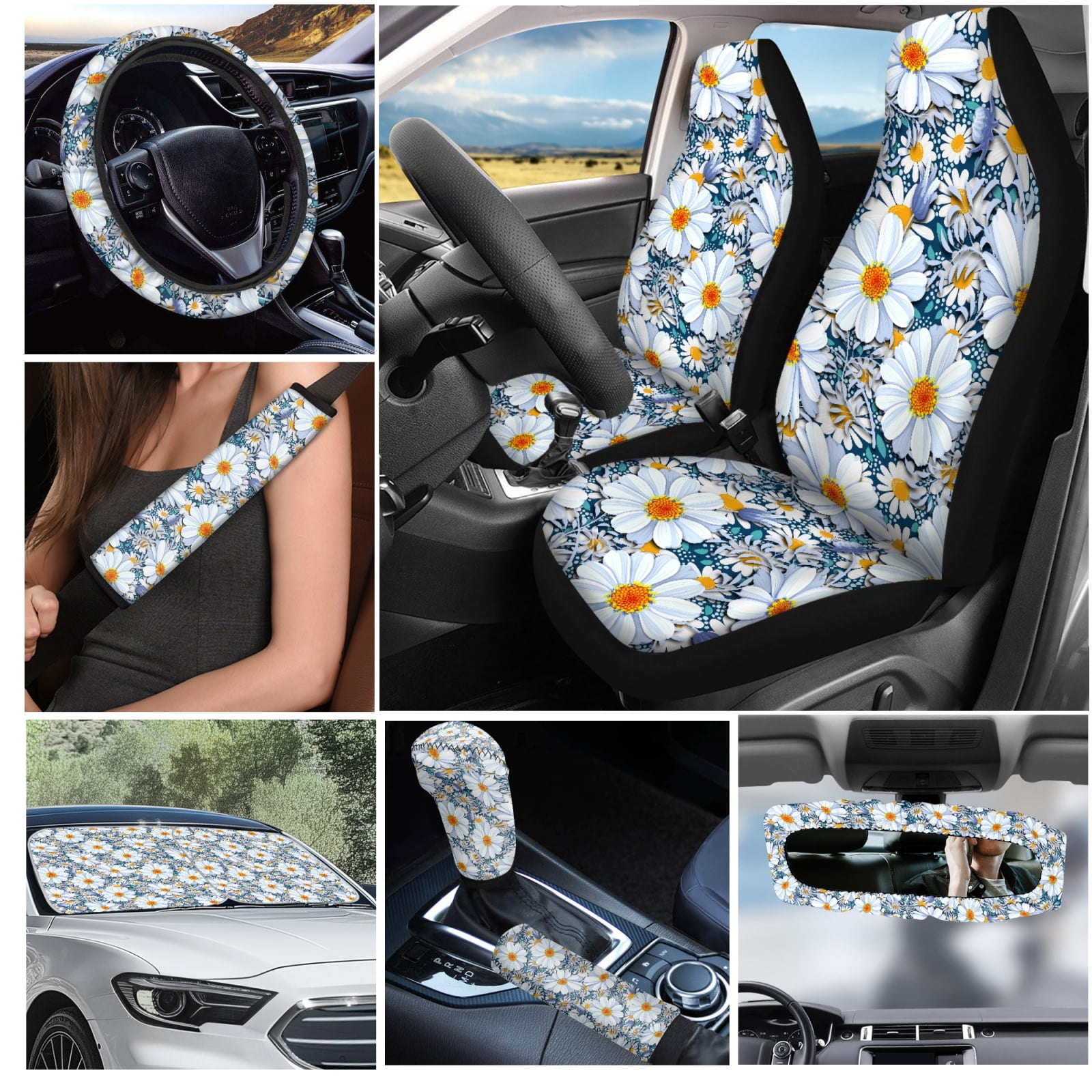 Yuyamidu Daisy Car Seat Covers Set of 16 Floral Steering Wheel Cover Handbrake Cover Gear Shift Knob Cover Seat Belt Covers Car Windshield Sun Shade Rear View Mirror Cover Coasters Key Chain