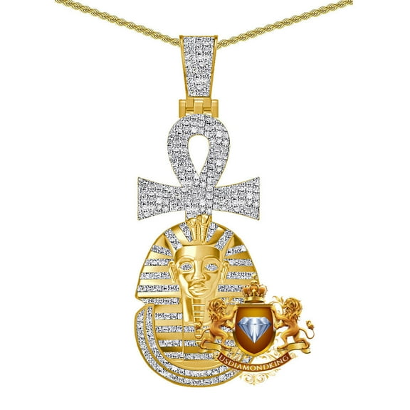 Real Diamond 0.60 Ct. Egyptian King Tut Pharaoh Ankh Cross Charm Pendant Yellow Gold Finish Chain