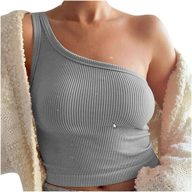 Pompotops Summer Women Slim Solid Color One Shoulder Vest Sleeveless Short Top