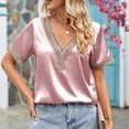 thumbnail image 3 of TIHLMK T Shirts for Women Pink Fashion Women's Summer V-Neck Lace Patchwork Short Sleeve Top Blouse Gift for Womens Tops, 3 of 7