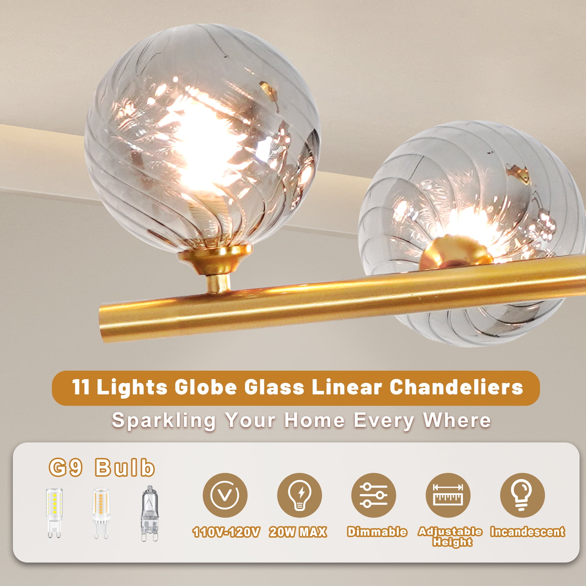 Auffel Dining Room Light Fixtures over Table With Gray Globe 51 Inch,Gold Linear Chandeliers for Dining Room 11 Lights Globe Chandelier for Kitchen Island Swirled Lampshade