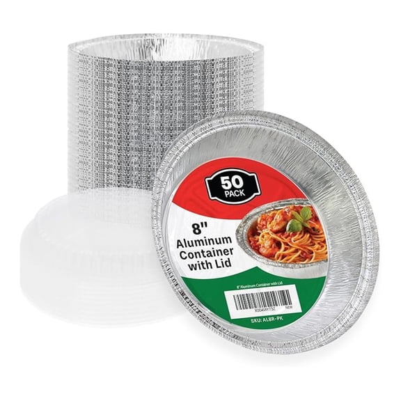 8" Round Aluminum Pans with Clear Dome Lids for Cooking, Baking, Reheating, Disposable Takeout Pans (8 Inch / 50 Sets)