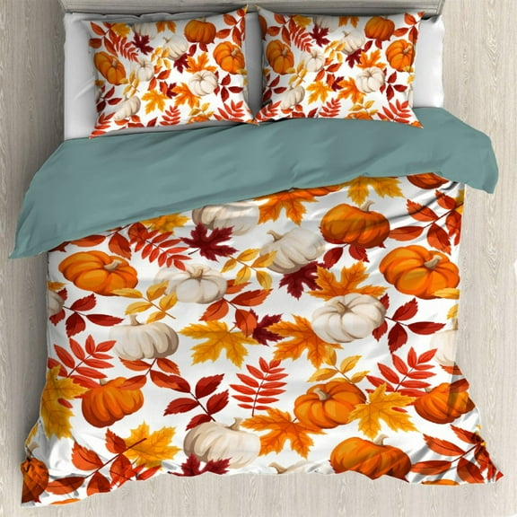 Thanksgiving Fall Pumpkin Maple Leaves Duvet Cover with 2 Pillow Shams 3pcs Comforter Cover Bedding