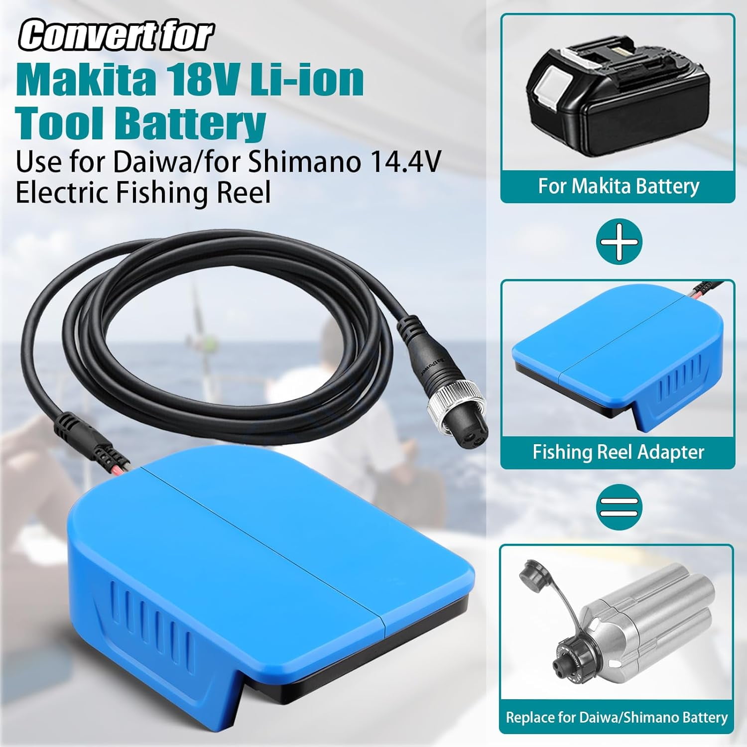 Fishing Reel Battery Adapter Power Cord Cable for Craftsman 20V V20 Dewalt makita Milwaukee M18 18V Battery Compatible with Daiwa 14.4V SEABORG 800MJ,SABORG 1200MJ 1200 800 Electric Fishing