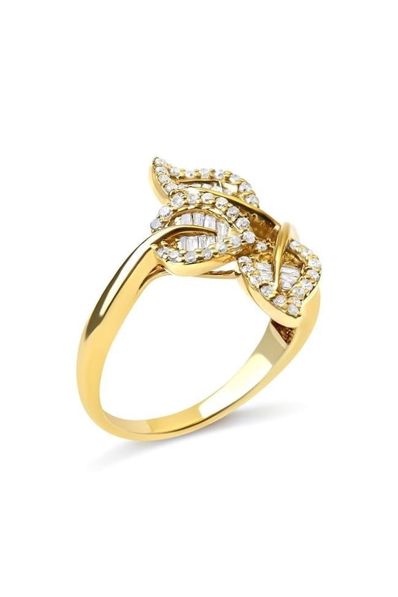 18K Yellow & White Gold Plated .925 Sterling Silver 0.37 CTTW Baguette & Round Diamond Bypass Triple Leaf Ring, I-J Color - I1-I2 Clarity - Size 6