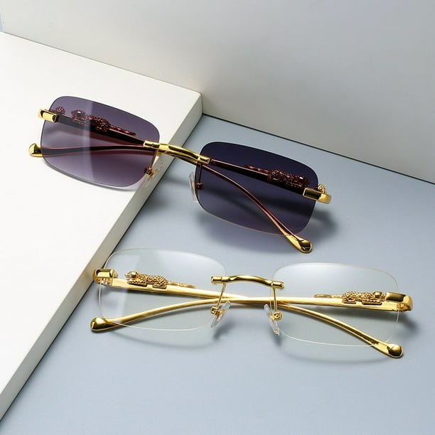 Gafas de sol rectangulares sin montura para hombre y mujer lentes de sol con cabeza de leopardo de Metal Vintage sin marco tintadas nuevas Fivean unisex Walmart en linea